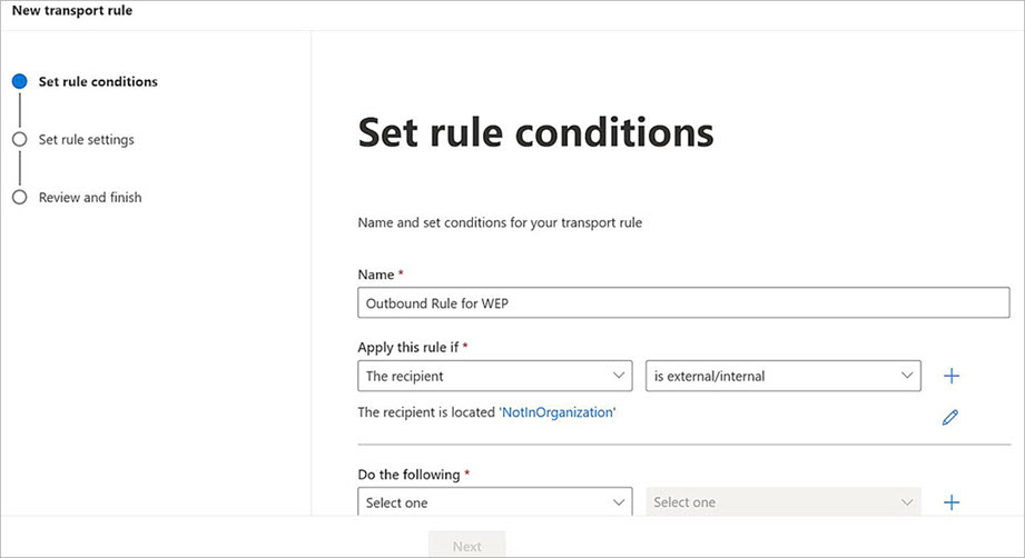 Screenshot of the Microsoft 365 configuration Set rule conditions page
